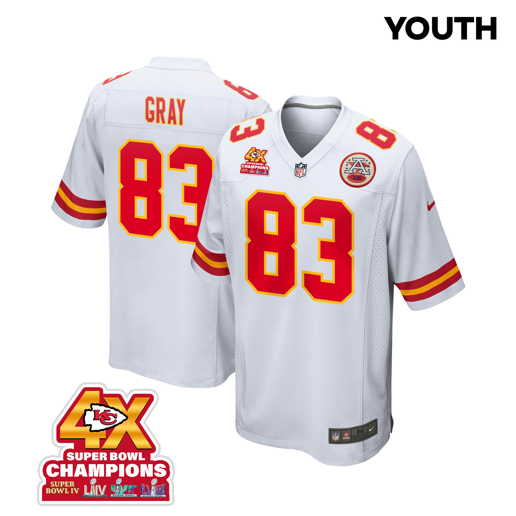 Noah Gray 83 Kansas City Chiefs Super Bowl Lviii Champions 4x Game Youth Jersey - White Js7277
