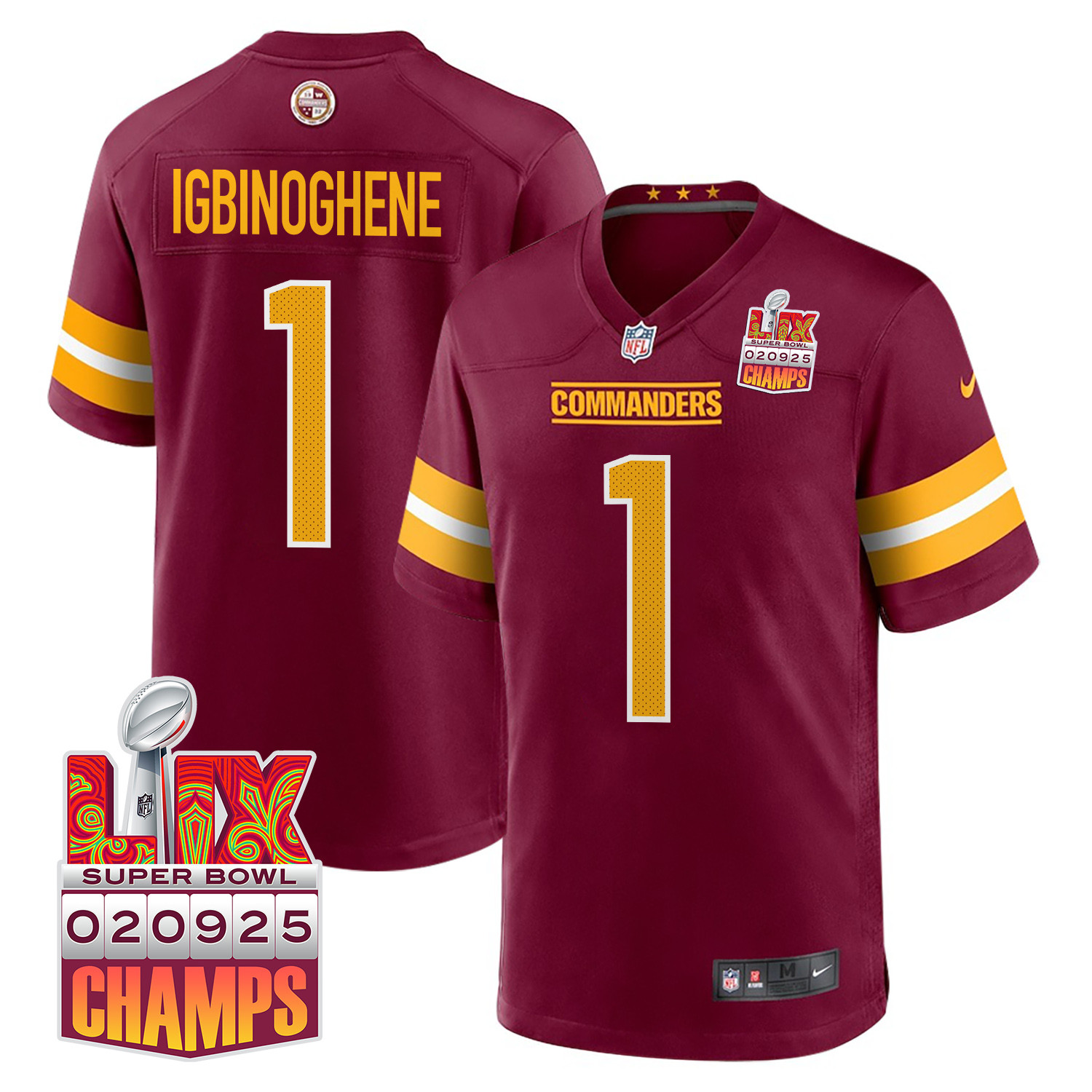 Noah Igbinoghene 1 Washington Commanders Super Bowl Lix Champions Patch Game Men Jersey - Burgundy Js6008