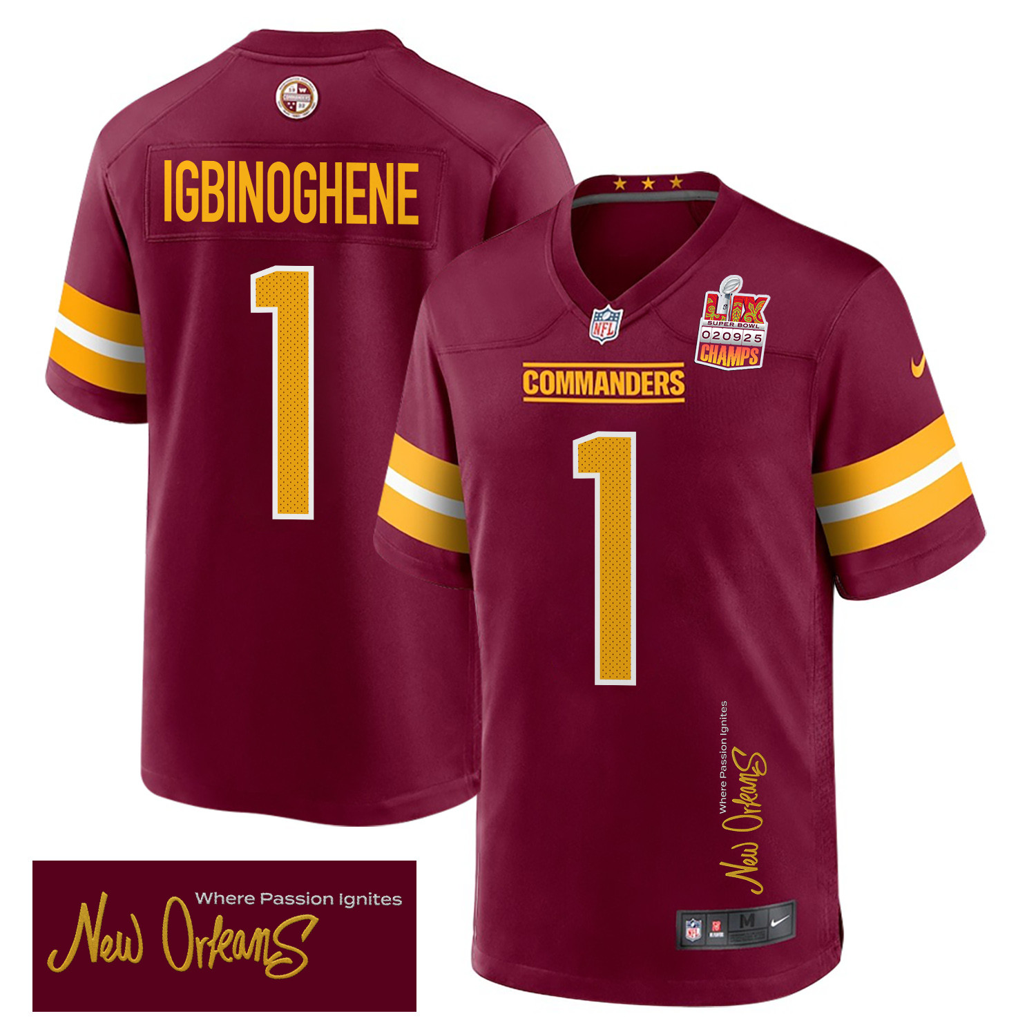 Noah Igbinoghene 1 Washington Commanders Super Bowl Lix Champions Patch 'new Orleans - Where Passion Ignites' Embroidered Game Men Jersey - Burgundy Js4465