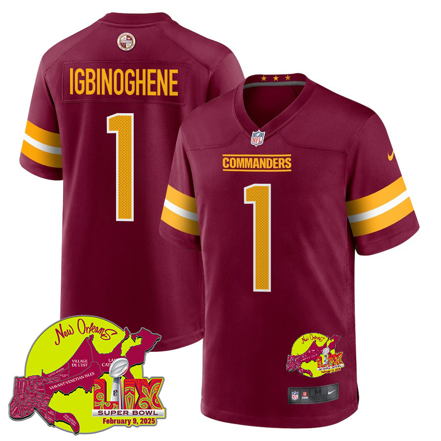 Noah Igbinoghene 1 Washington Commanders Super Bowl Lix New Orleans Patch Game Men Jersey - Burgundy Js3045