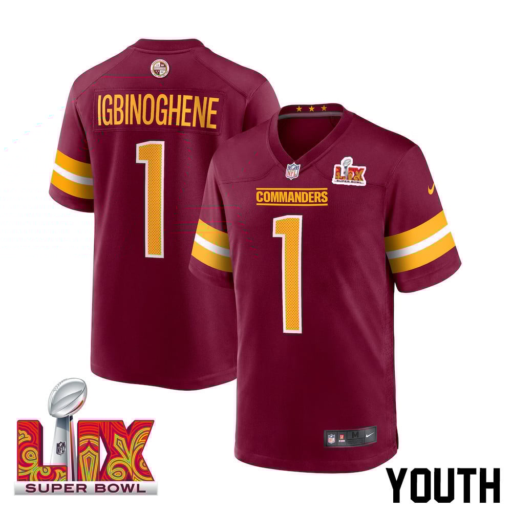 Noah Igbinoghene #1 Washington Commanders Super Bowl Lix Youth Jersey - Burgundy Js9454