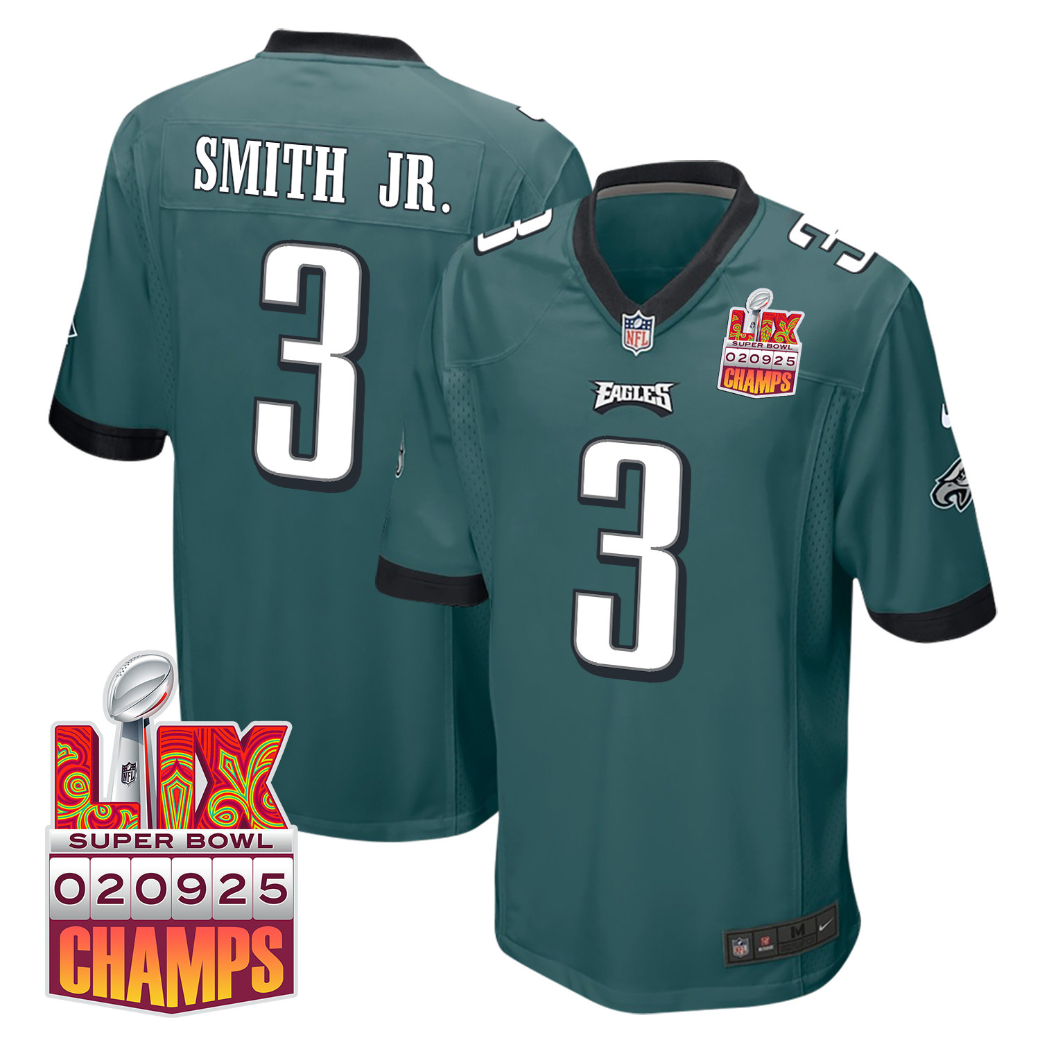 Nolan Smith Jr. 3 Philadelphia Eagles Super Bowl Lix Champions Patch Game Men Jersey - Midnight Green Js4862