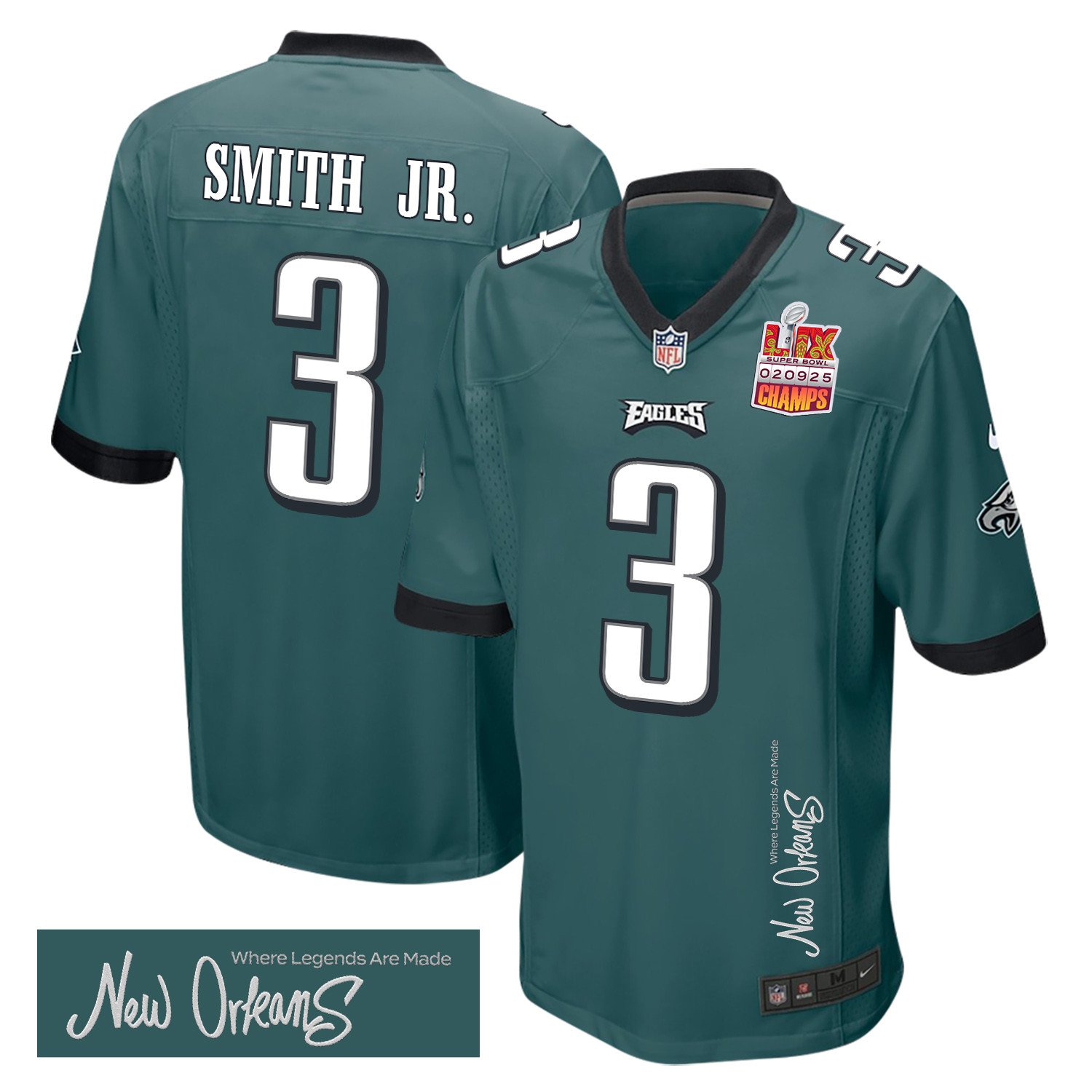 Nolan Smith Jr. 3 Philadelphia Eagles Super Bowl Lix Champions Patch 'new Orleans - Where Legends Are Made' Embroidered Game Men Jersey - Midnight Green Js8871