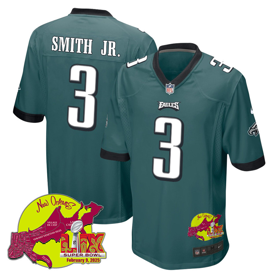 Nolan Smith Jr. 3 Philadelphia Eagles Super Bowl Lix New Orleans Patch Game Men Jersey - Midnight Green Js5881