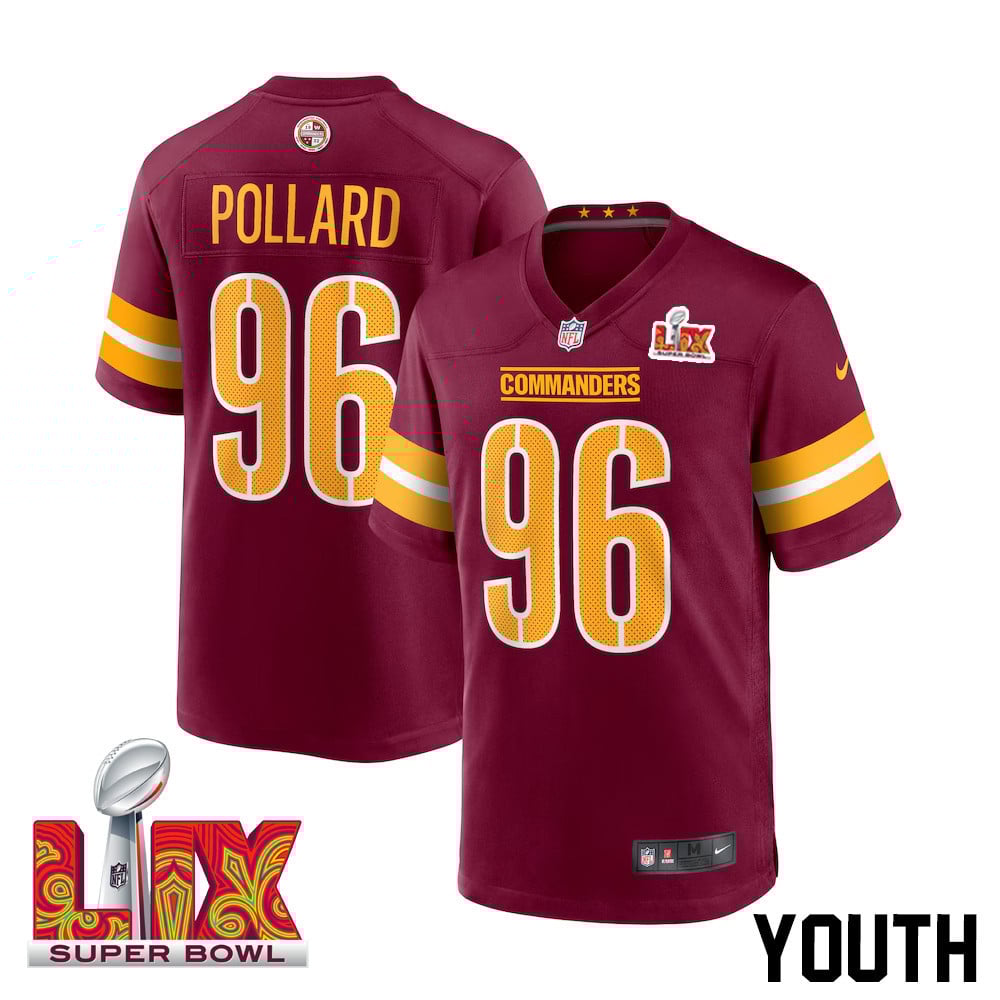 Norell Pollard #96 Washington Commanders Super Bowl Lix Youth Jersey - Burgundy Js8401