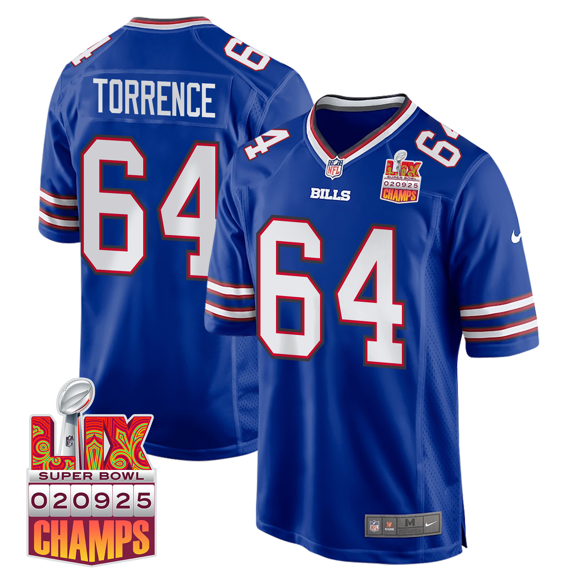 O'cyrus Torrence 64 Buffalo Bills Super Bowl Lix Champions Patch Game Men Jersey - Royal Js5908