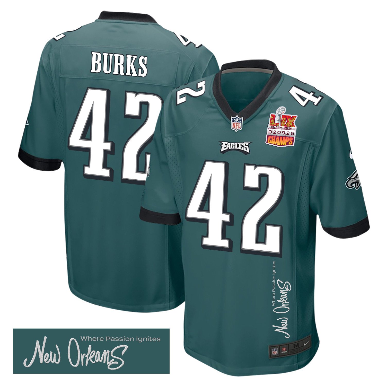 Oren Burks 42 Philadelphia Eagles Super Bowl Lix Champions Patch 'new Orleans - Where Passion Ignites' Embroidered Game Men Jersey - Midnight Green Js6292