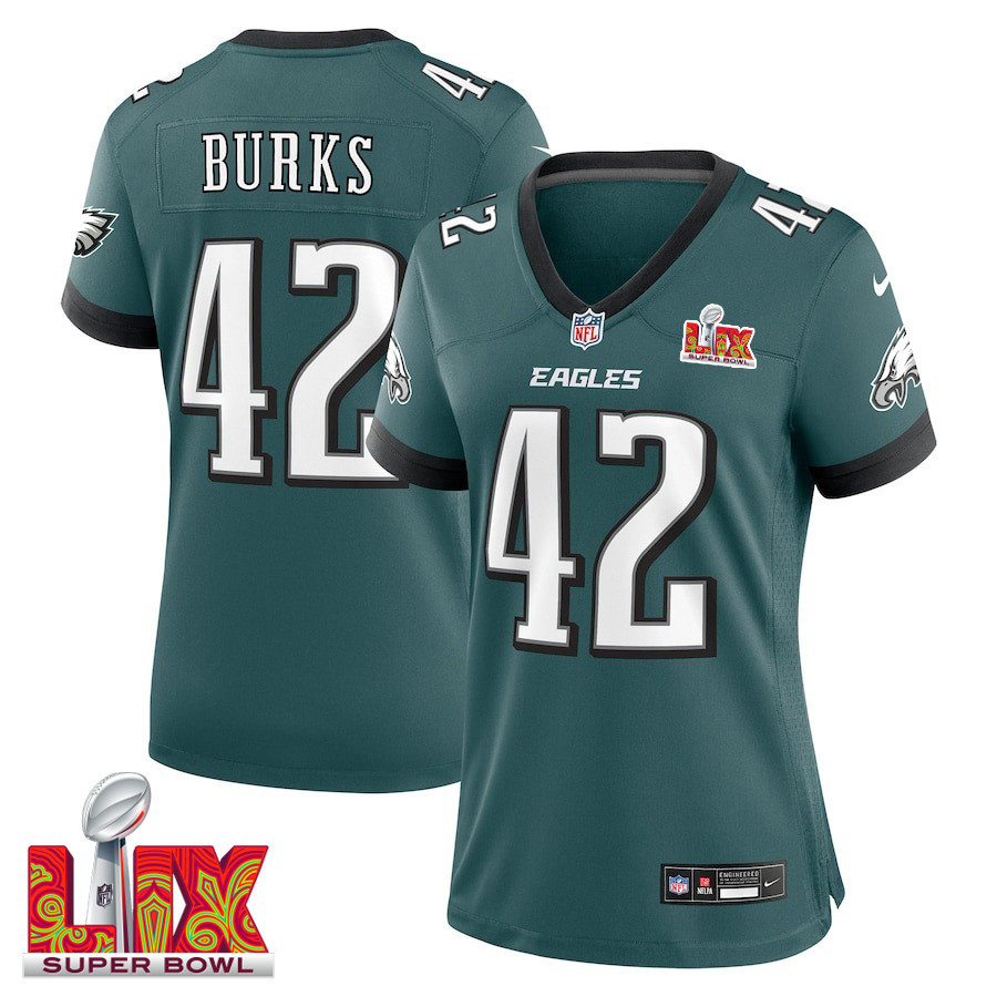Oren Burks #42 Philadelphia Eagles Super Bowl Lix Women's Jersey - Midnight Green Js7233