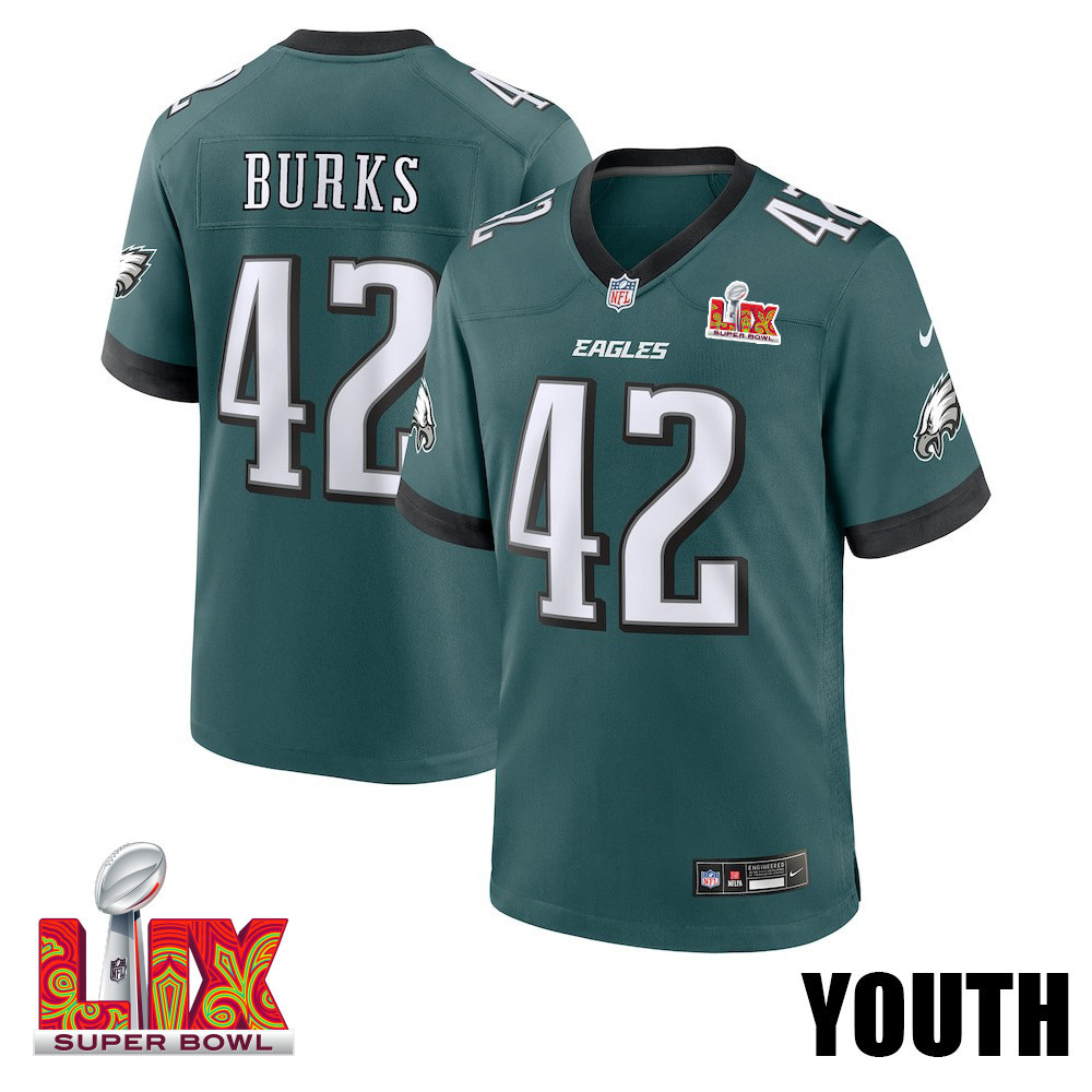 Oren Burks #42 Philadelphia Eagles Super Bowl Lix Youth Jersey - Midnight Green Js1497