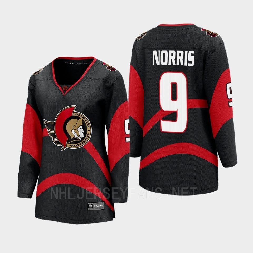 Ottawa Senators 9 Josh Norris Reverse Retro Black Equipment, Women