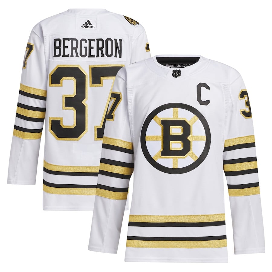 Patrice Bergeron 37 Boston Bruins 100th Anniversary Primegreen Away Men Jersey - White