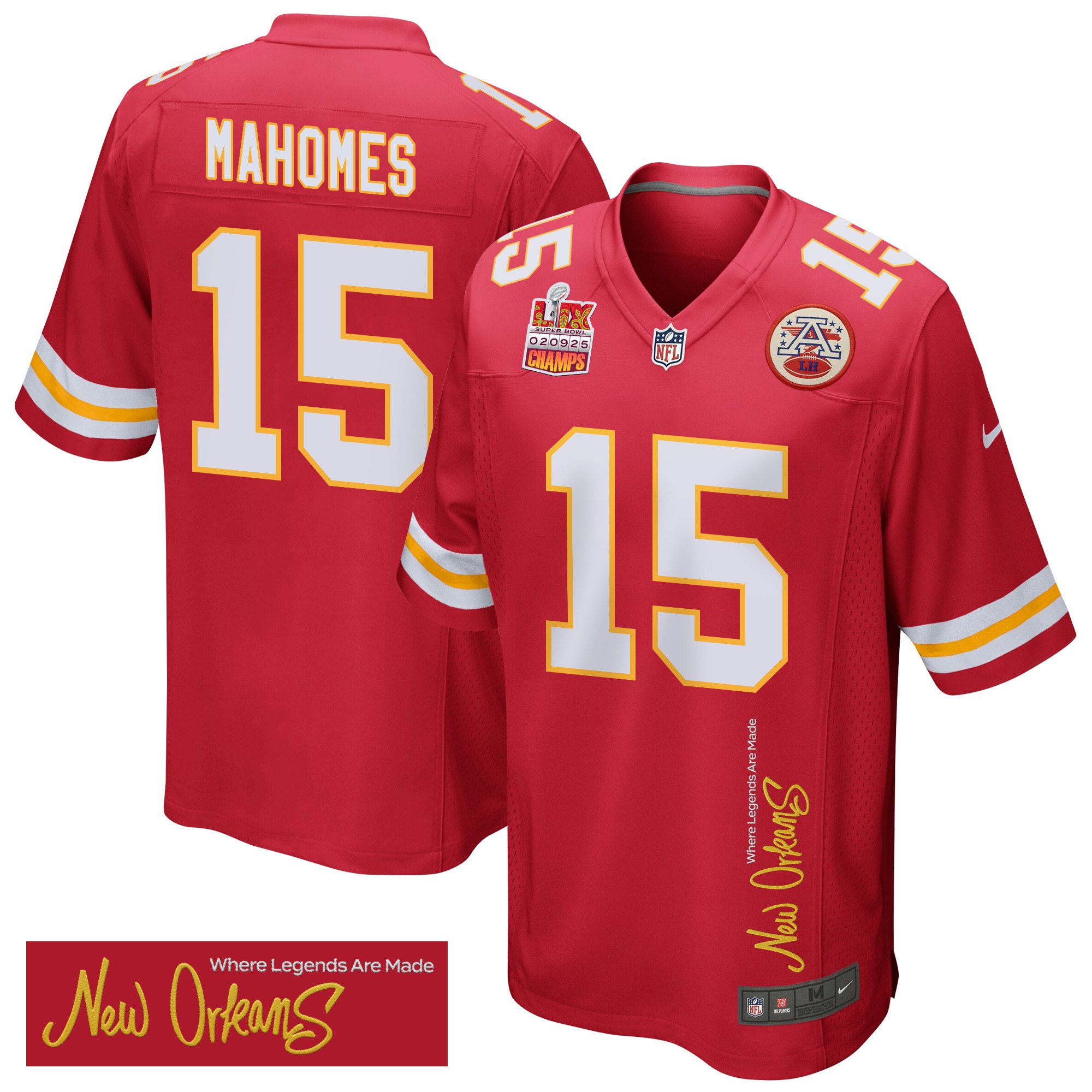 Patrick Mahomes 15 Kansas City Chiefs Super Bowl Lix Champions Patch 'new Orleans - Where Legends Are Made' Embroidered Game Men Jersey - Red Js5608