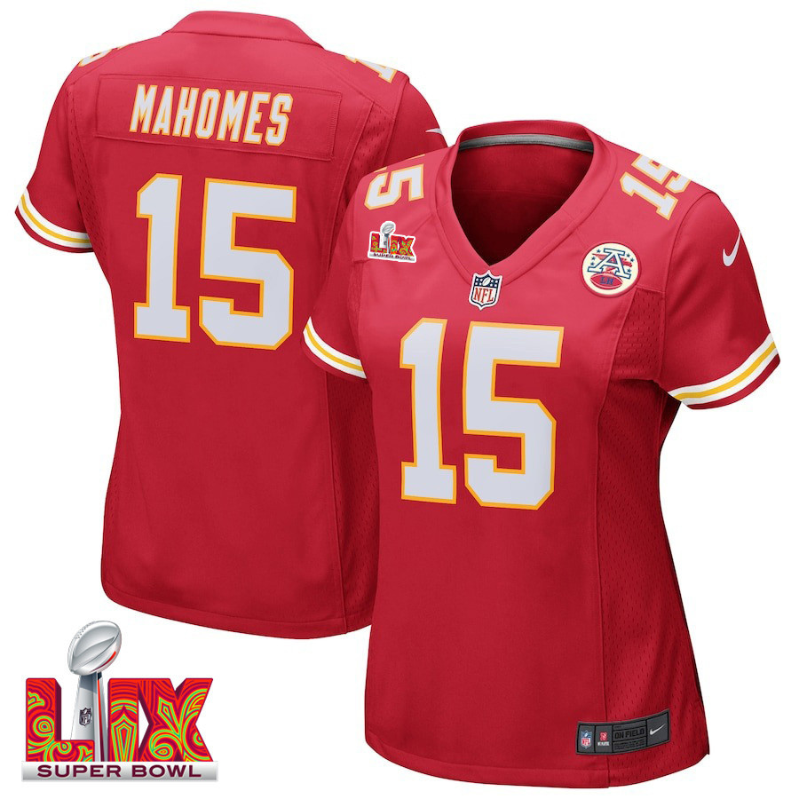 Patrick Mahomes #15 Kansas City Chiefs Super Bowl Lix Women's Jersey - Red Js4670