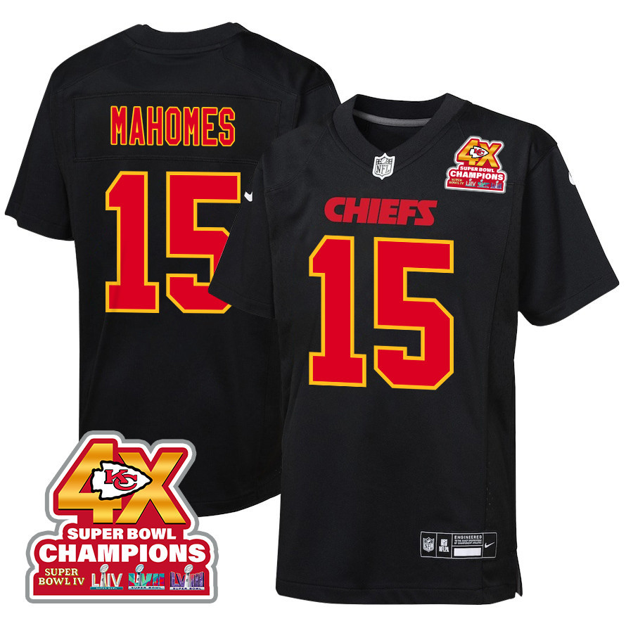 Patrick Mahomes 15 Kansas City Chiefs Super Bowl Lviii Champions 4x Fashion Game Youth Jersey - Carbon Black Js9713