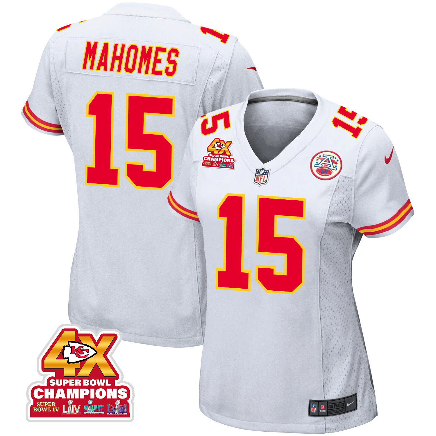 Patrick Mahomes 15 Kansas City Chiefs Super Bowl Lviii Champions 4x Game Women Jersey - White Js8043