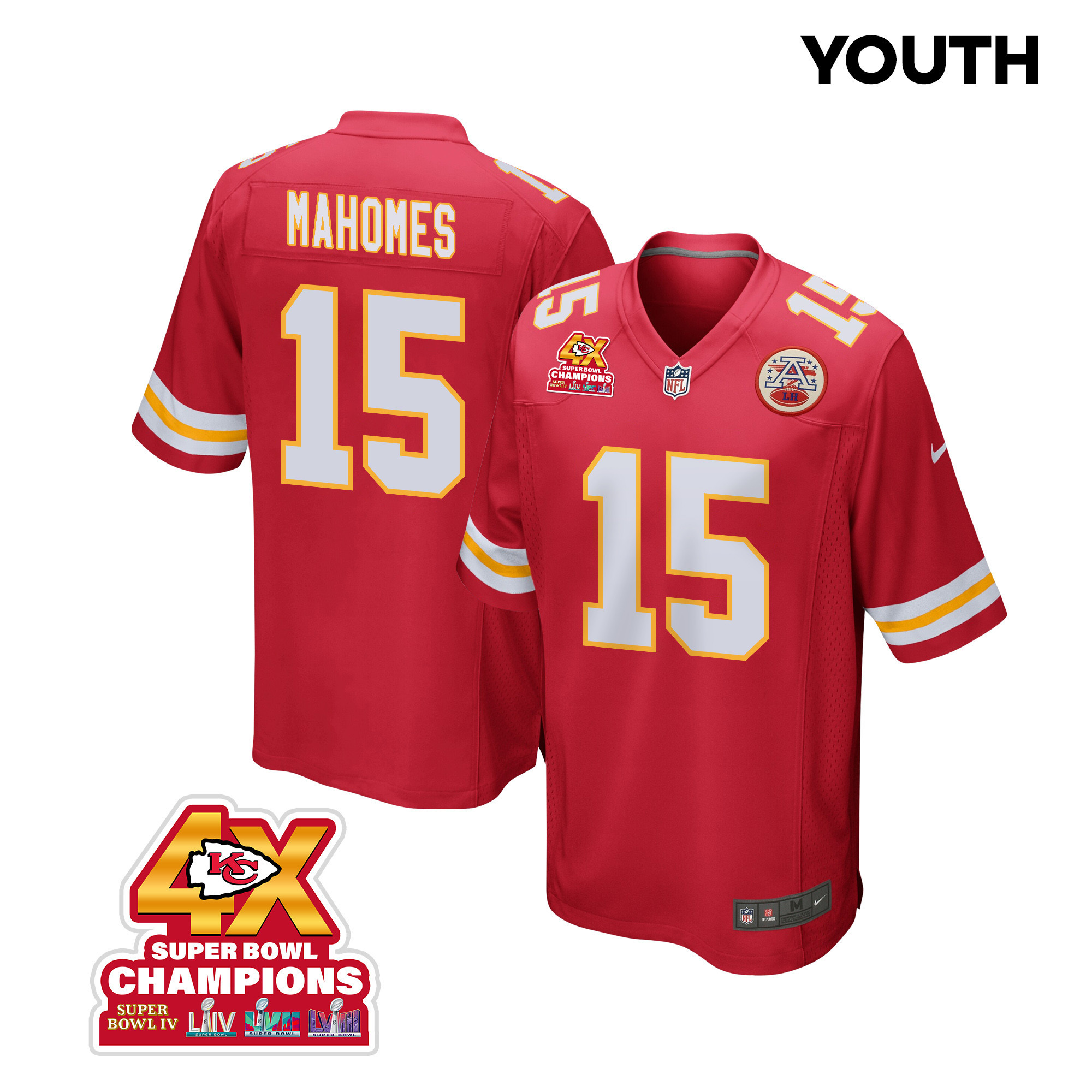 Patrick Mahomes 15 Kansas City Chiefs Super Bowl Lviii Champions 4x Game Youth Jersey - Red Js8534