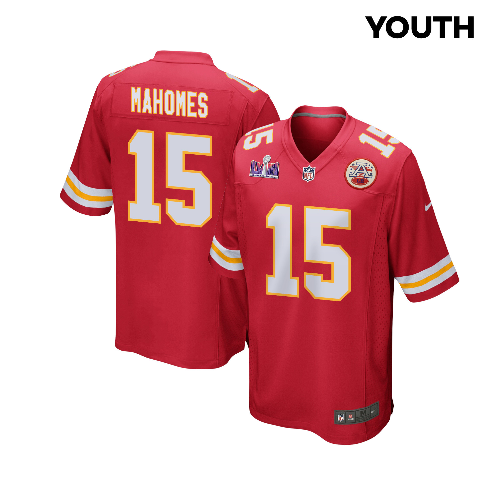 Patrick Mahomes 15 Kansas City Chiefs Super Bowl Lviii Patch Game Youth Jersey - Red Js5698