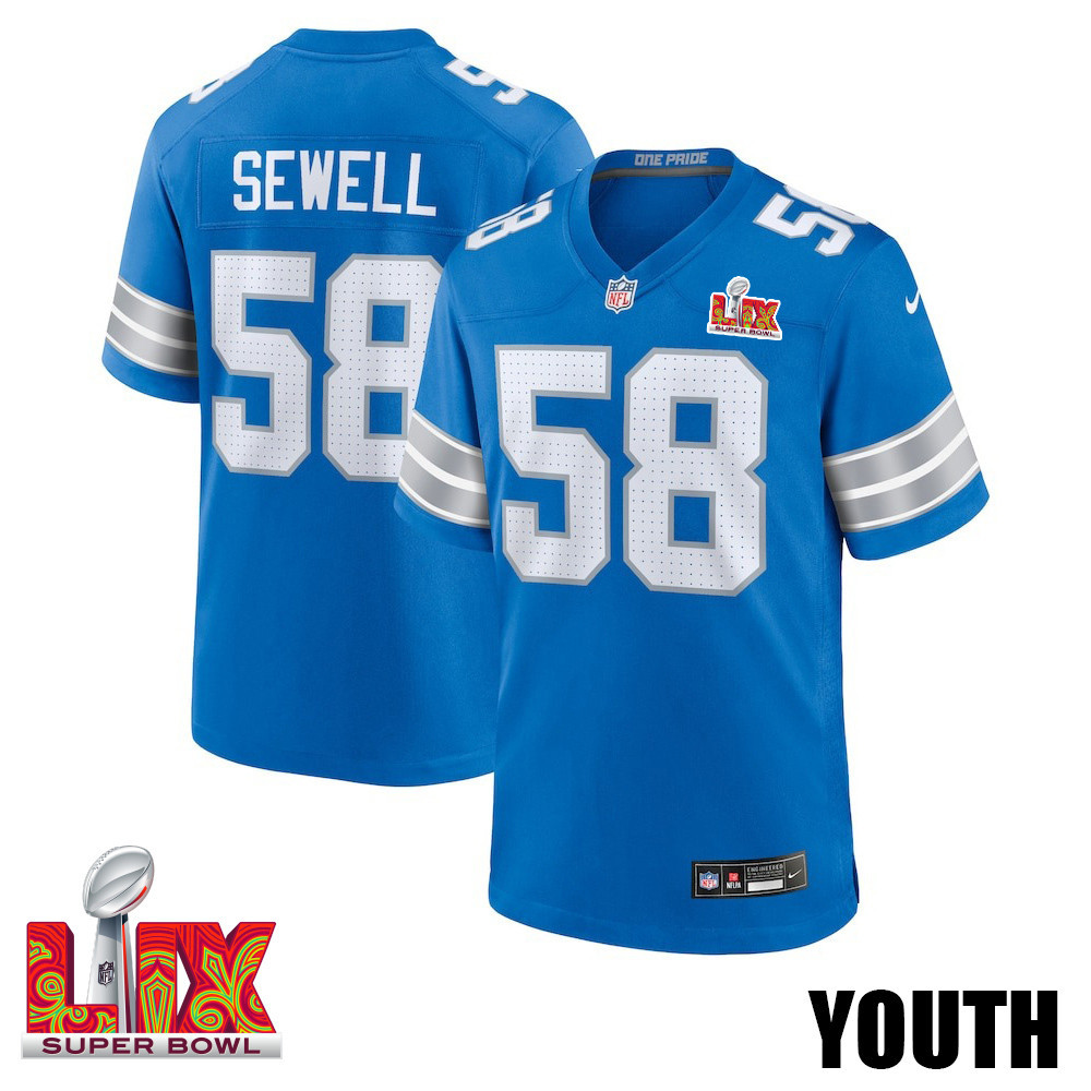 Penei Sewell #58 Detroit Lions Super Bowl Lix Youth Jersey - Blue Js8278