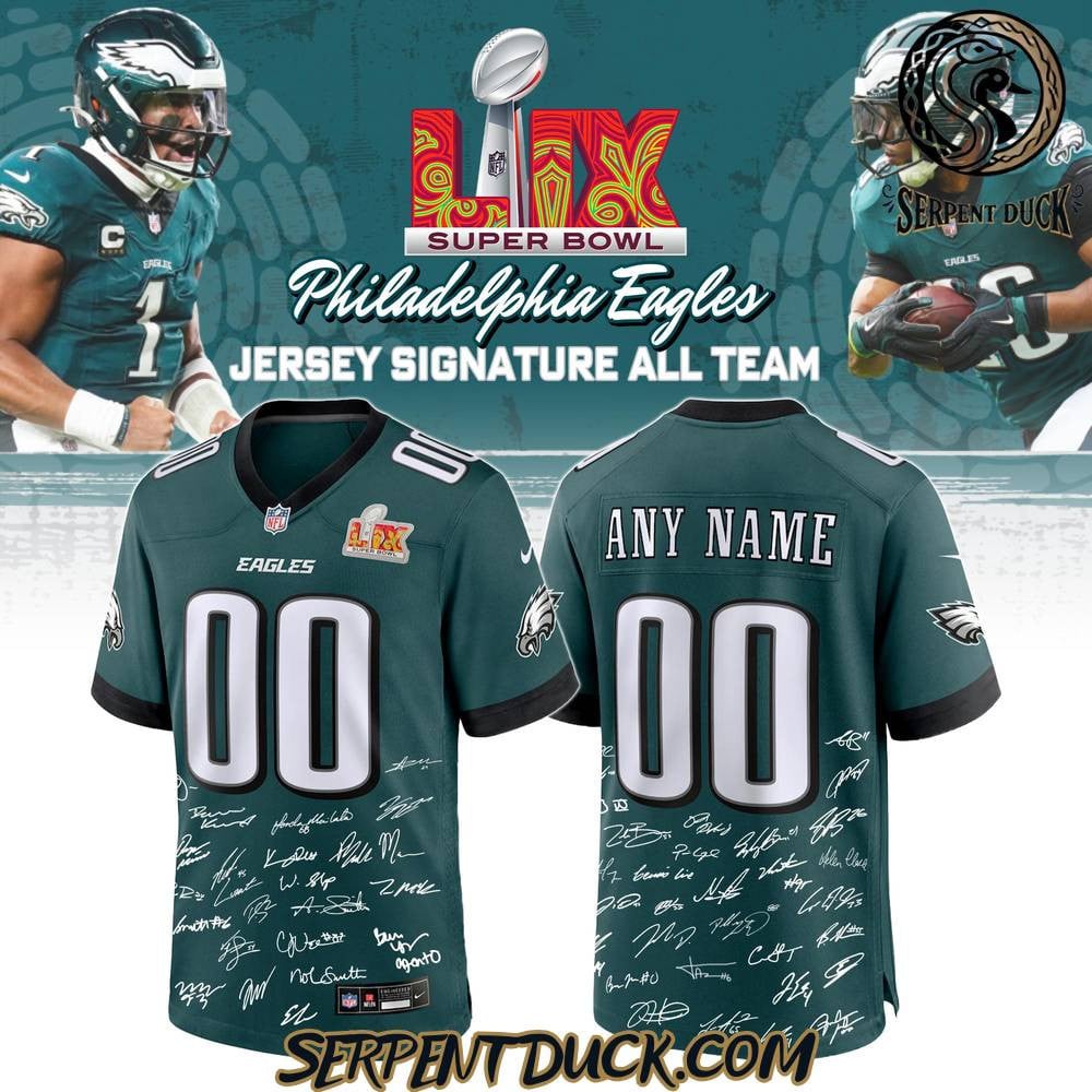 Philadelphia Eagles Champions Super Bowl Lix 2025 Signature All Team Custom Game Men Jersey - Midnight Green Js1373
