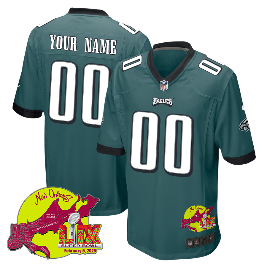 Philadelphia Eagles Super Bowl Lix New Orleans Patch Game Men Custom Jersey - Midnight Green Js8333