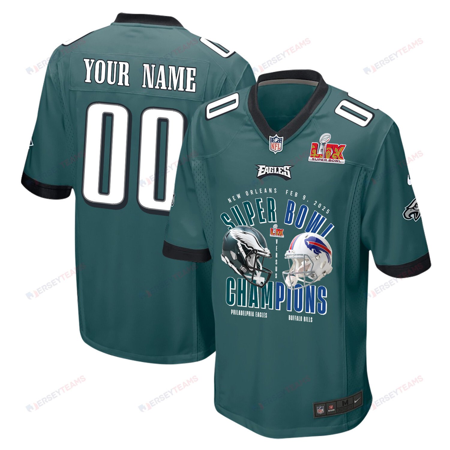 Philadelphia Eagles Vs. Buffalo Bills Super Bowl Lix Game Men Custom Jersey - Midnight Green Js5435