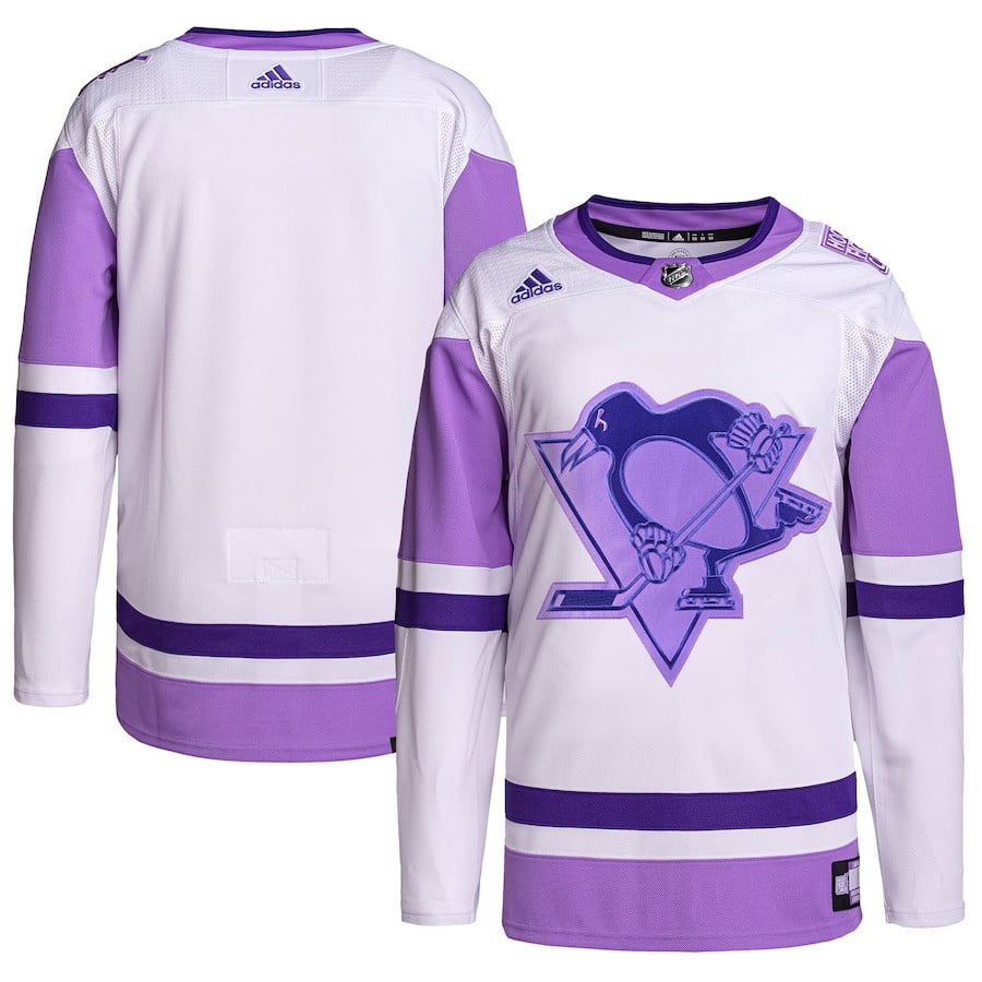 Pittsburgh Penguins Hockey Fights Cancer Primegreen Men Jersey - White/purple