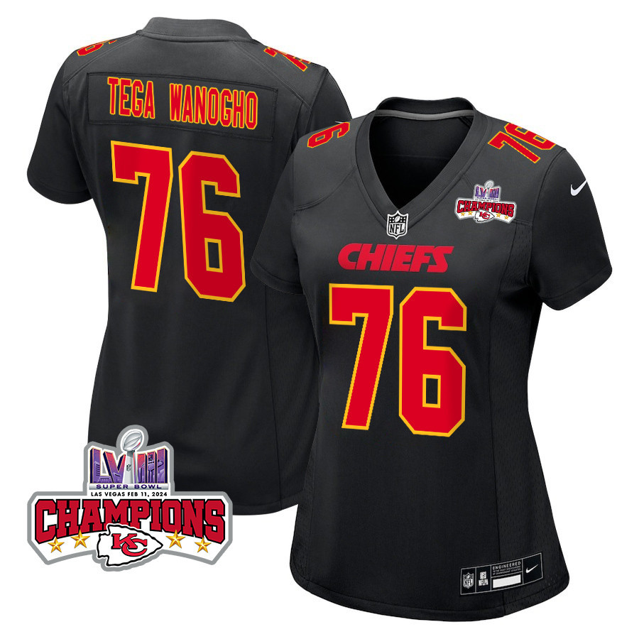 Prince Tega Wanogho 76 Kansas City Chiefs Super Bowl Lviii Champions 4 Stars Patch Fashion Game Women Jersey - Carbon Black Js8134