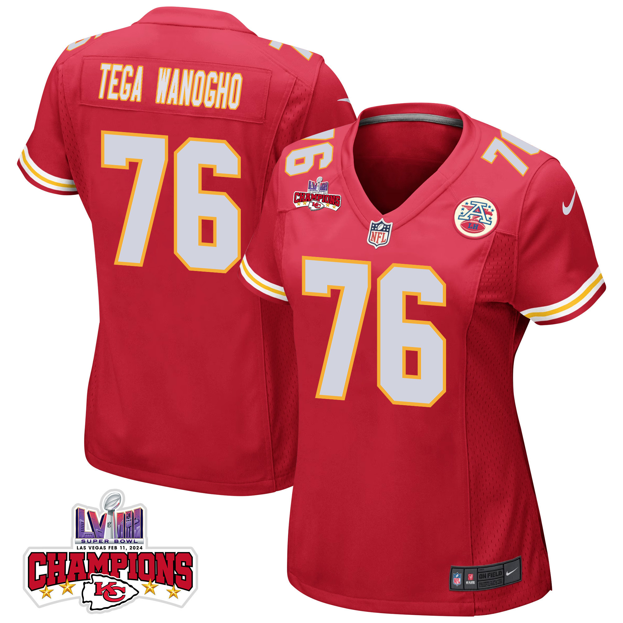 Prince Tega Wanogho 76 Kansas City Chiefs Super Bowl Lviii Champions 4 Stars Patch Game Women Jersey - Red Js4055