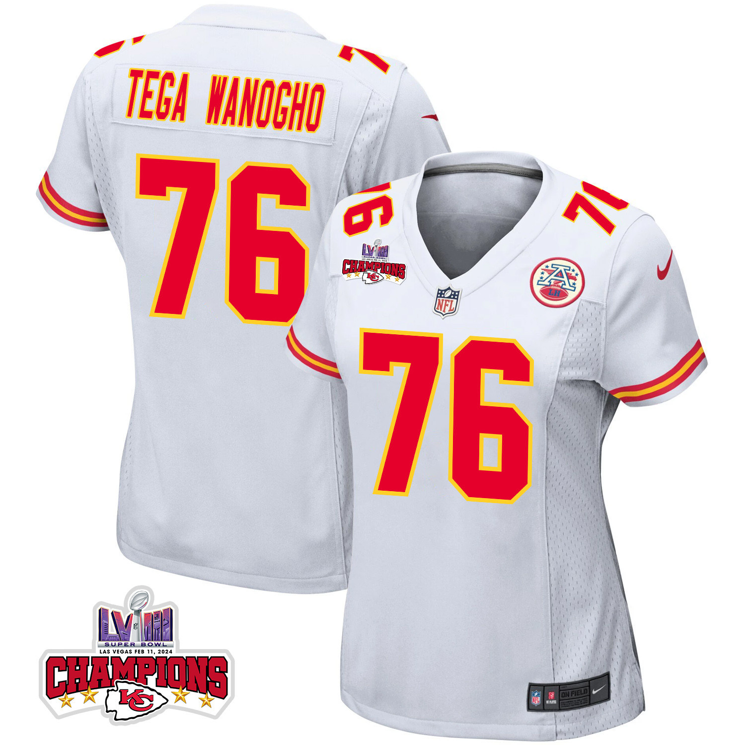 Prince Tega Wanogho 76 Kansas City Chiefs Super Bowl Lviii Champions 4 Stars Patch Game Women Jersey - White Js2444