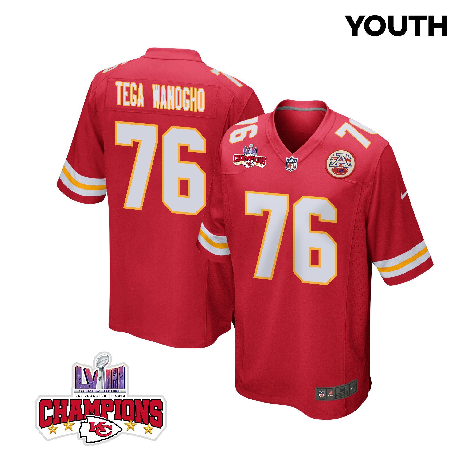Prince Tega Wanogho 76 Kansas City Chiefs Super Bowl Lviii Champions 4 Stars Patch Game Youth Jersey - Red Js5964