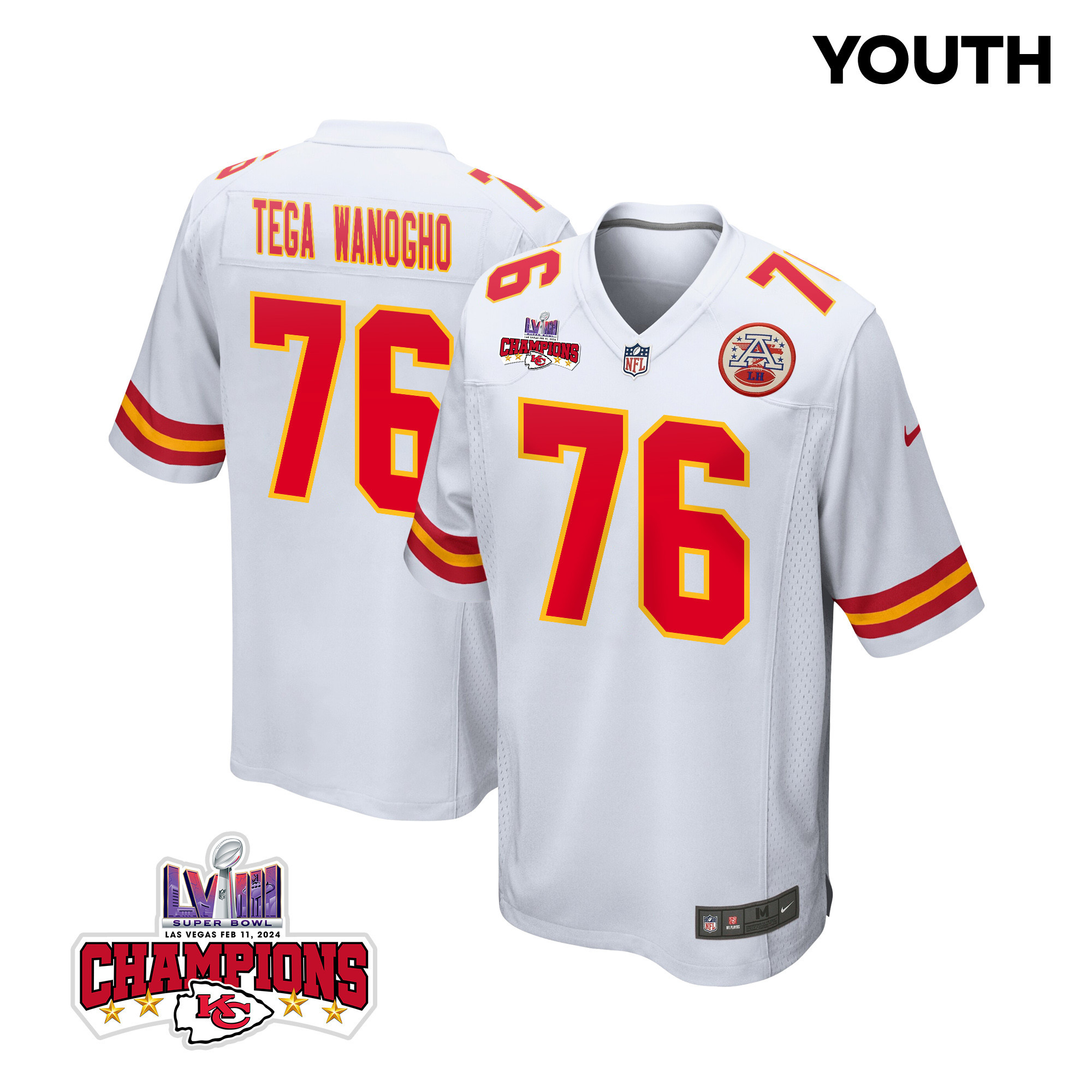 Prince Tega Wanogho 76 Kansas City Chiefs Super Bowl Lviii Champions 4 Stars Patch Game Youth Jersey - White Js7576