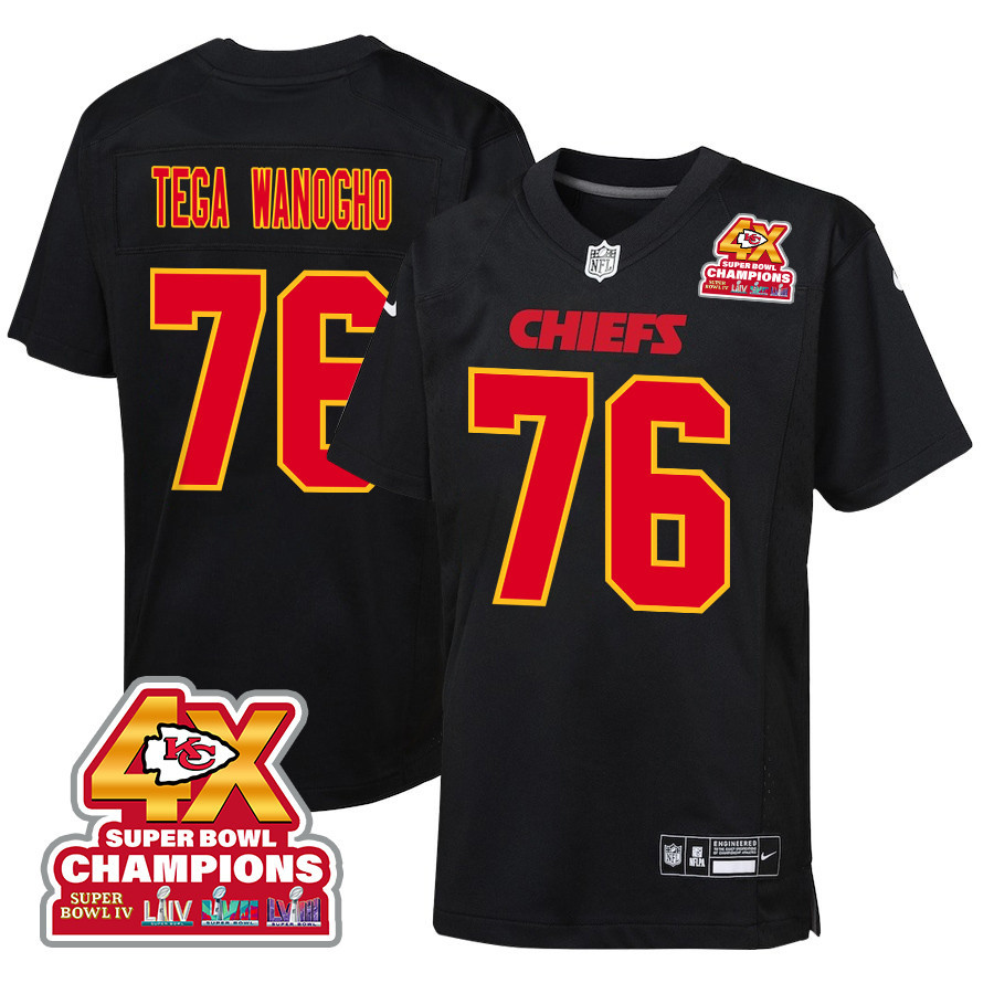 Prince Tega Wanogho 76 Kansas City Chiefs Super Bowl Lviii Champions 4x Fashion Game Youth Jersey - Carbon Black Js4867