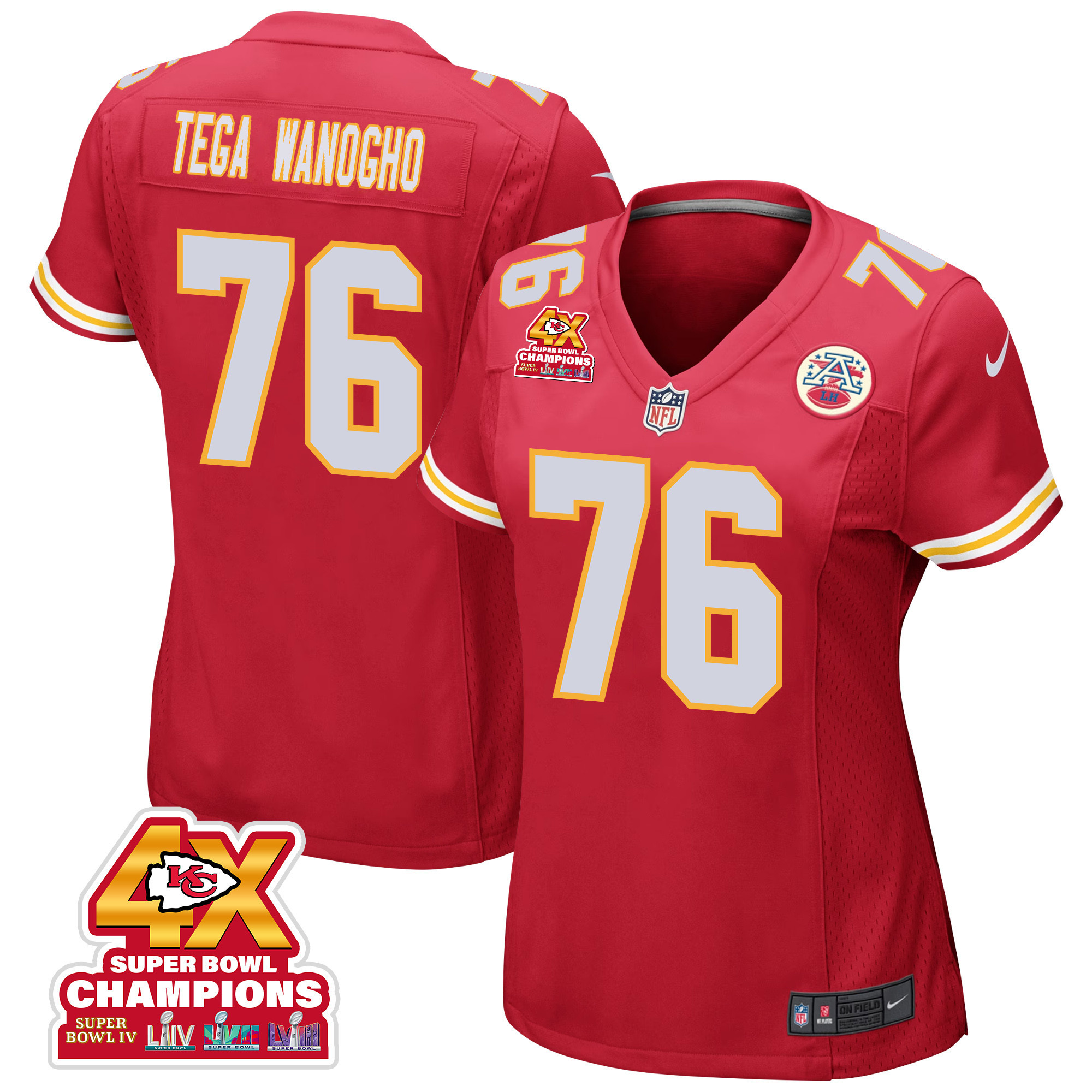 Prince Tega Wanogho 76 Kansas City Chiefs Super Bowl Lviii Champions 4x Game Women Jersey - Red Js4228