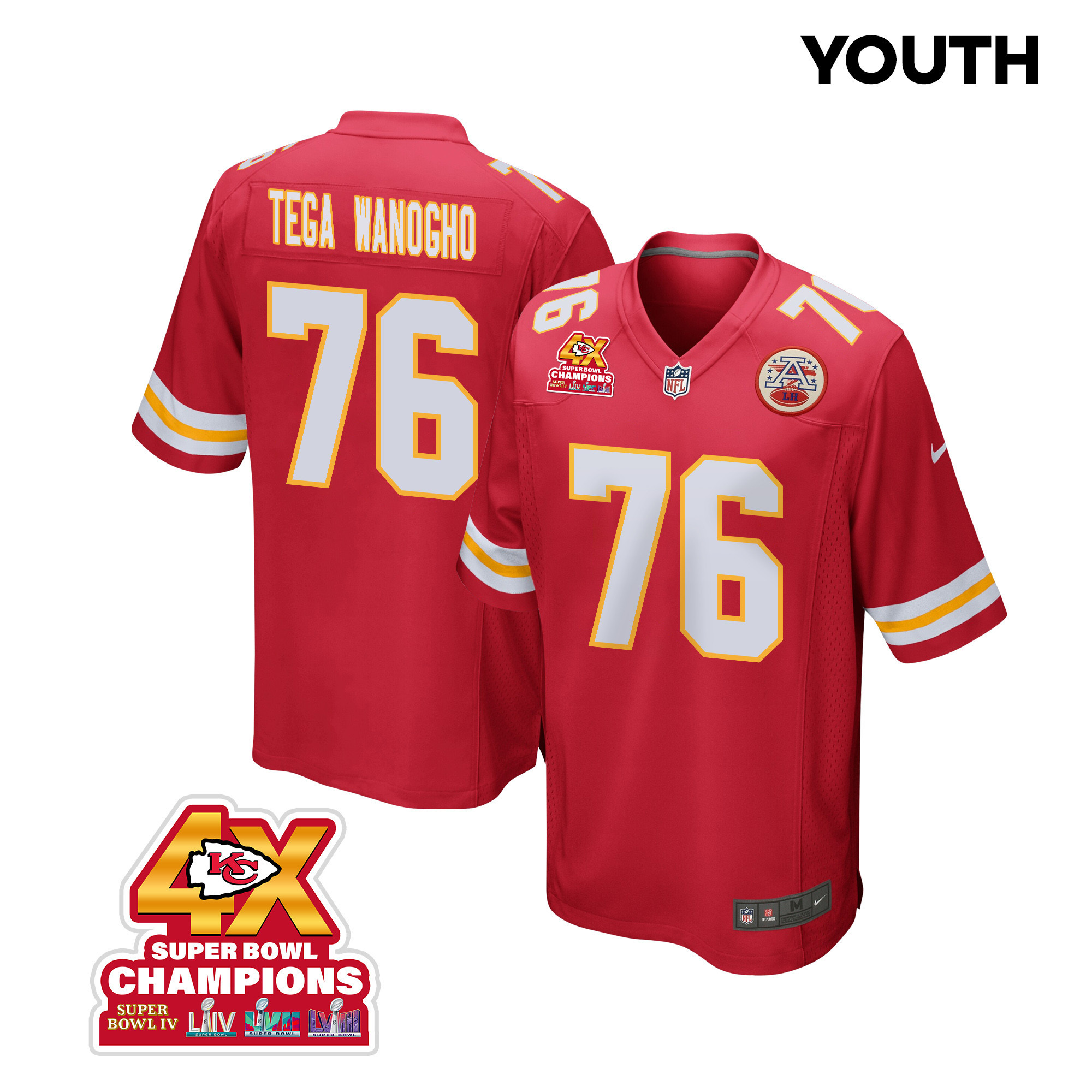 Prince Tega Wanogho 76 Kansas City Chiefs Super Bowl Lviii Champions 4x Game Youth Jersey - Red Js6485