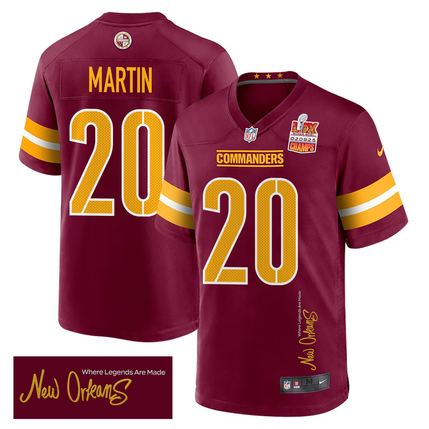 Quan Martin 20 Washington Commanders Super Bowl Lix Champions Patch 'new Orleans - Where Legends Are Made' Embroidered Game Men Jersey - Burgundy Js3248