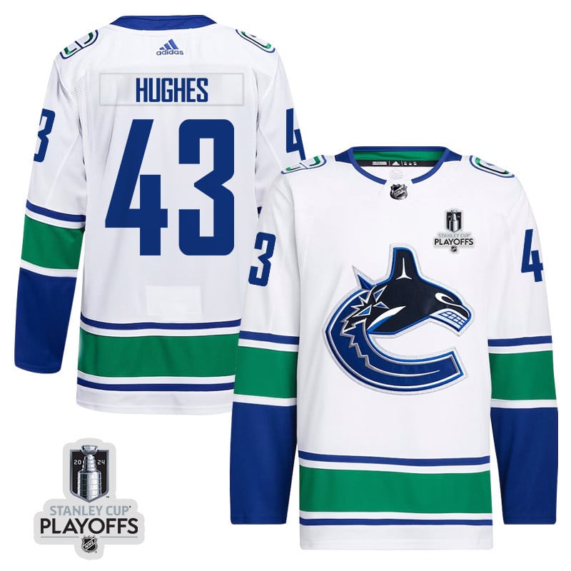 Quinn Hughes 43 Vancouver Canucks 2024 Nhl Playoffs Patch Away Jersey - Men, White