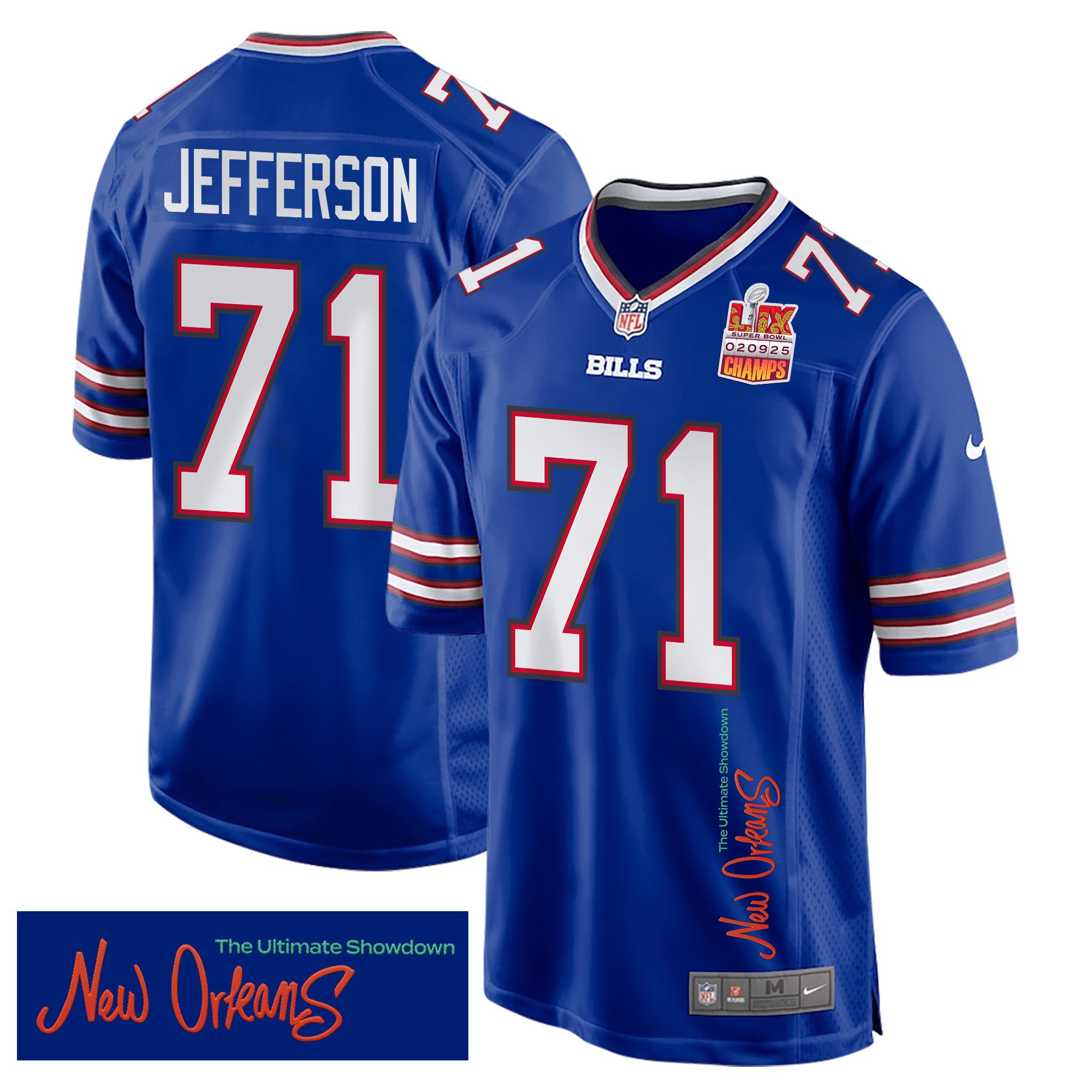 Quinton Jefferson 71 Buffalo Bills Super Bowl Lix Champions Patch 'new Orleans - The Ultimate Showdown' Embroidered Game Men Jersey - Royal Js2474