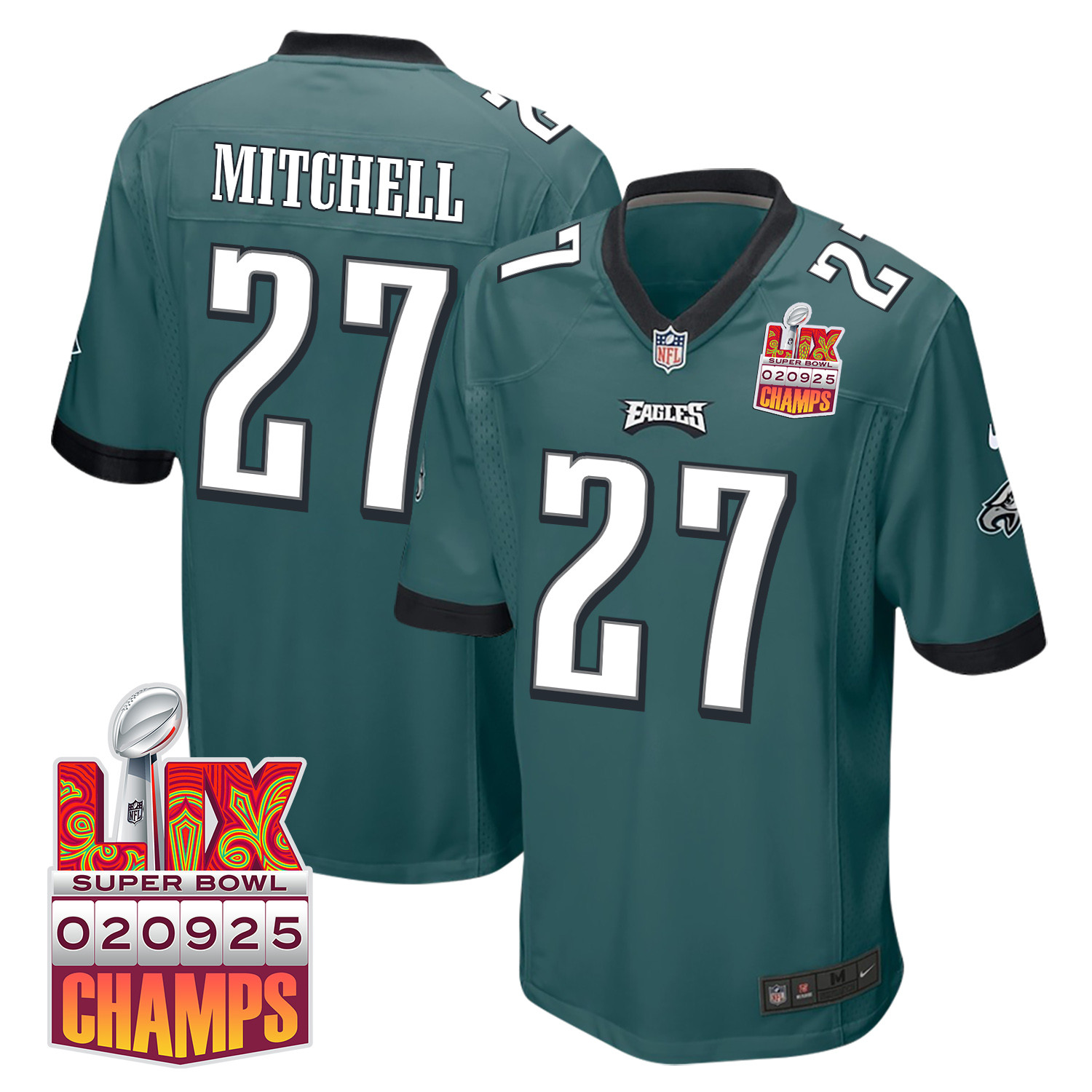 Quinyon Mitchell 27 Philadelphia Eagles Super Bowl Lix Champions Patch Game Men Jersey - Midnight Green Js3281