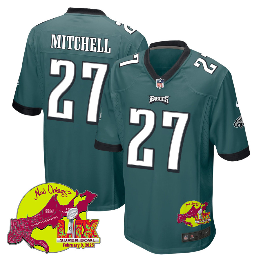 Quinyon Mitchell 27 Philadelphia Eagles Super Bowl Lix New Orleans Patch Game Men Jersey - Midnight Green Js6510