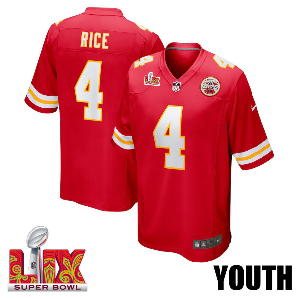 Rashee Rice #4 Kansas City Chiefs Super Bowl Lix Youth Jersey - Red Js7696