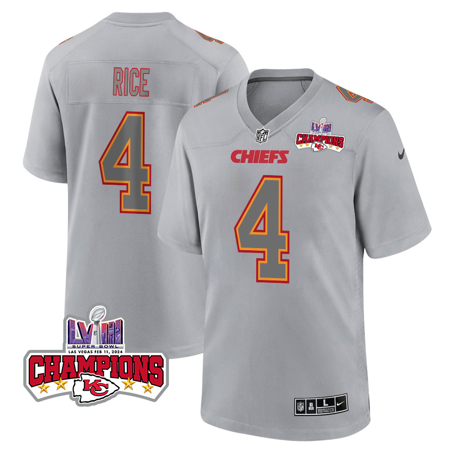 Rashee Rice 4 Kansas City Chiefs Super Bowl Lviii Champions 4 Stars Patch Atmosphere Fashion Game Men Jersey - Gray Js6933