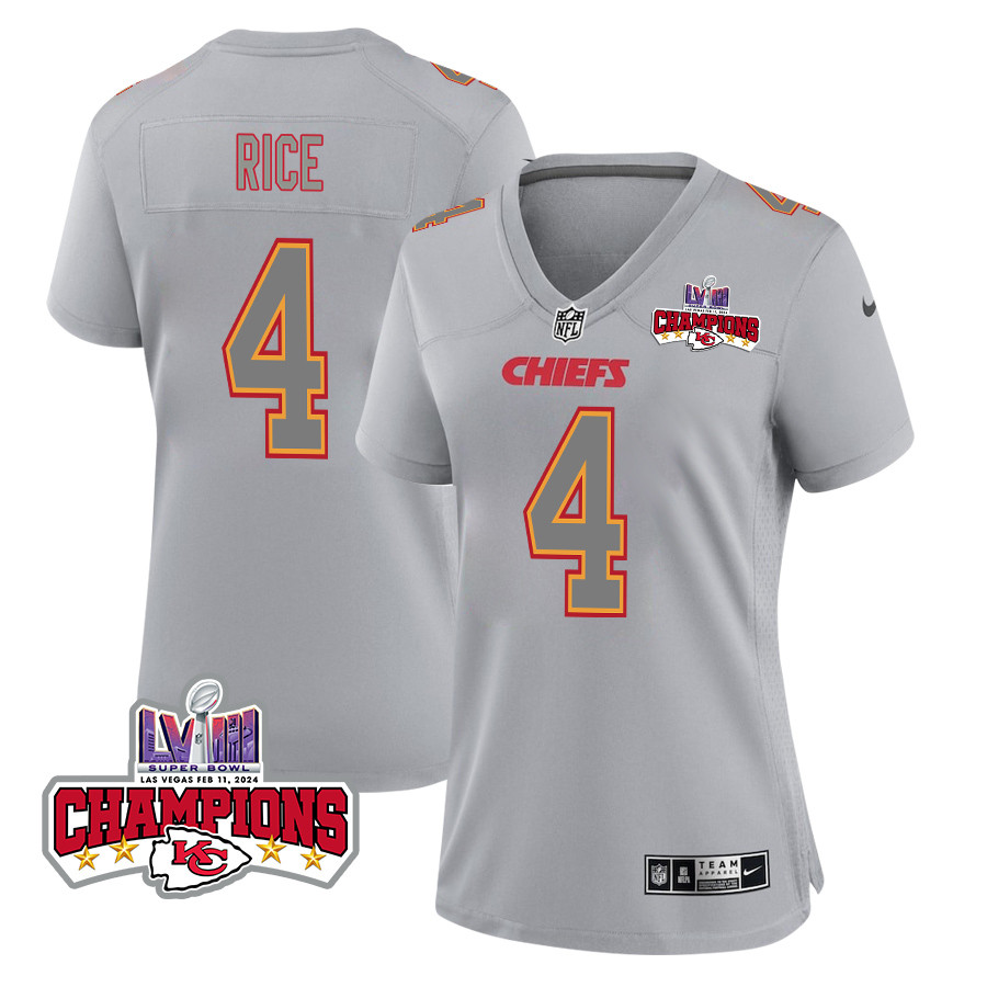 Rashee Rice 4 Kansas City Chiefs Super Bowl Lviii Champions 4 Stars Patch Atmosphere Fashion Game Women Jersey - Gray Js3468
