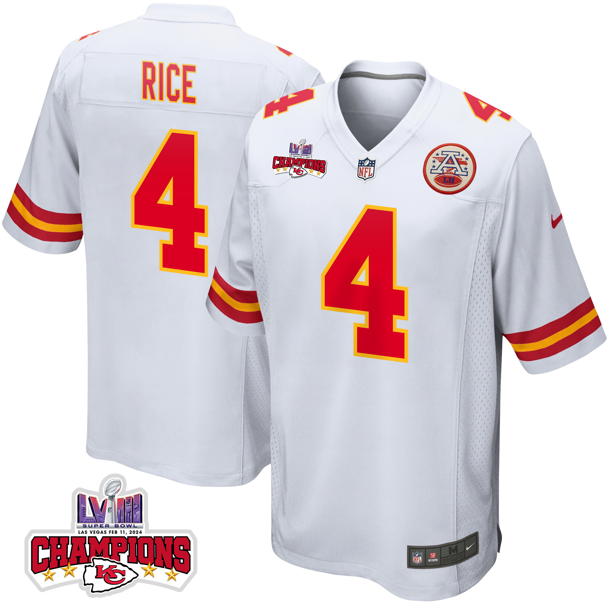 Rashee Rice 4 Kansas City Chiefs Super Bowl Lviii Champions 4 Stars Patch Game Men Jersey - White Js4347