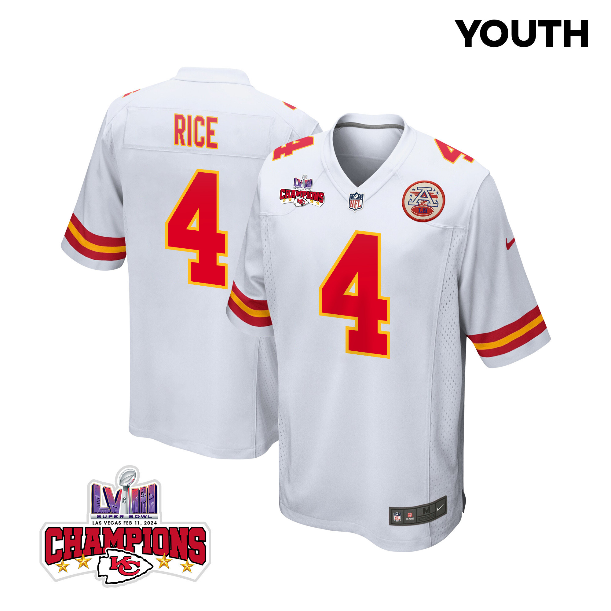 Rashee Rice 4 Kansas City Chiefs Super Bowl Lviii Champions 4 Stars Patch Game Youth Jersey - White Js3276