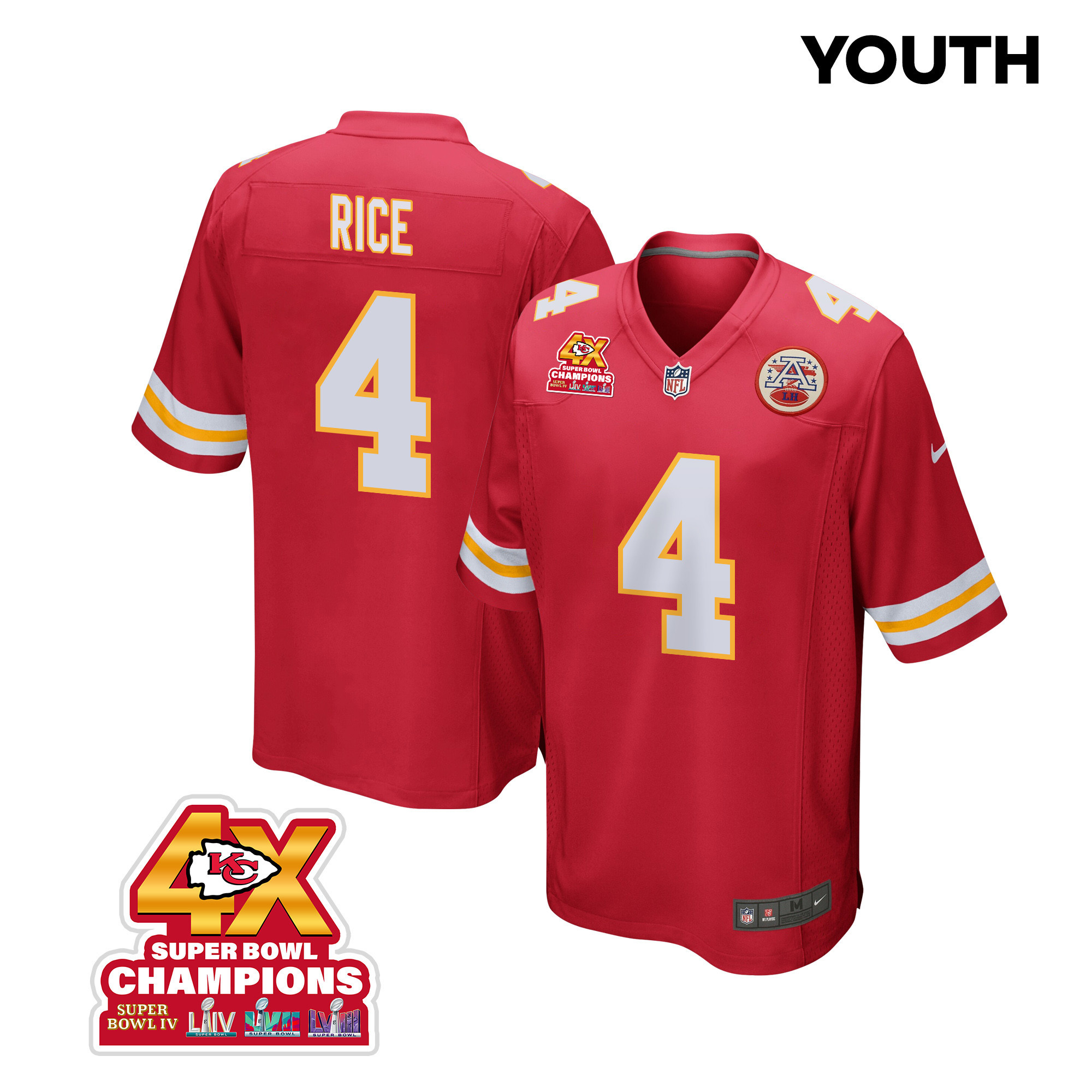 Rashee Rice 4 Kansas City Chiefs Super Bowl Lviii Champions 4x Game Youth Jersey - Red Js7166