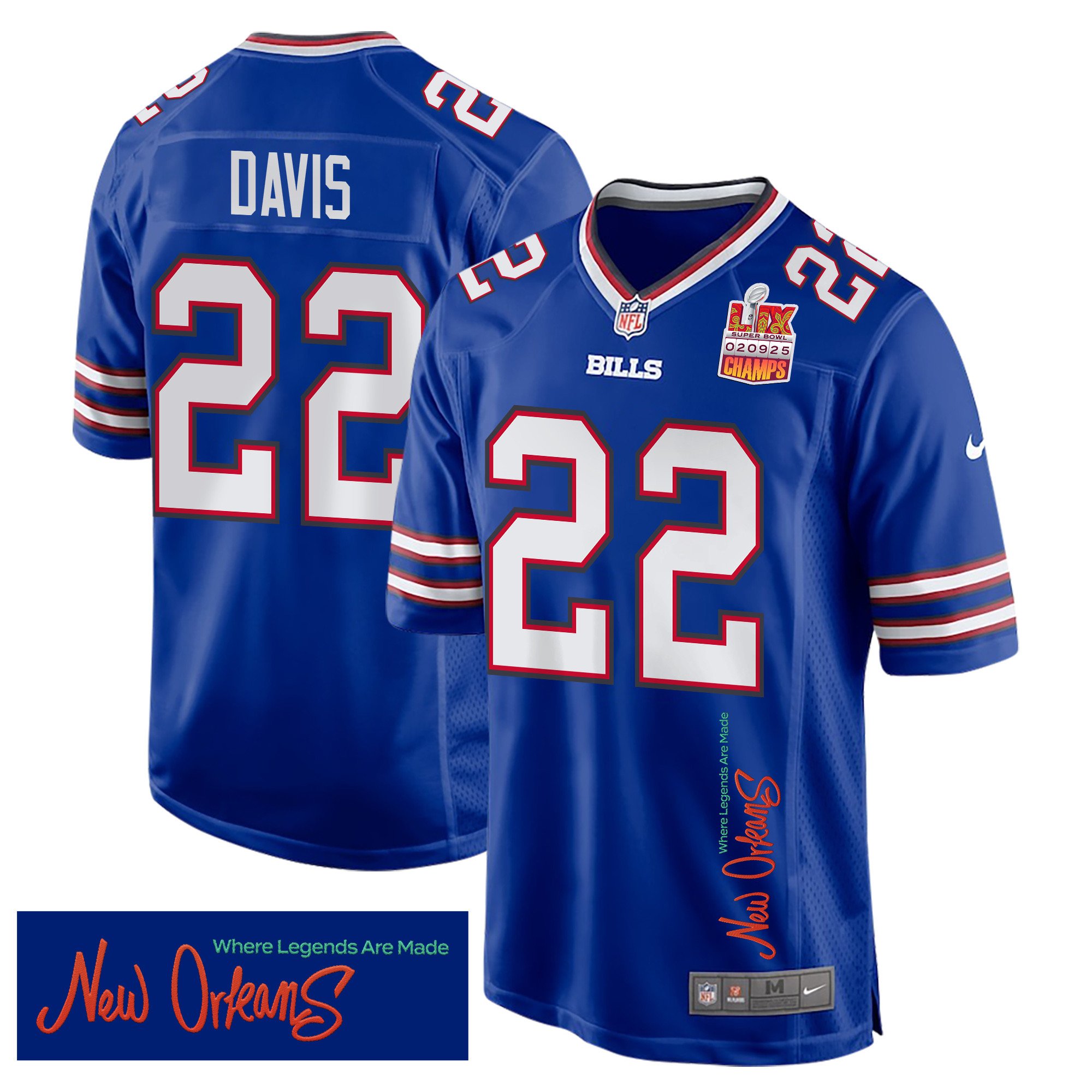 Ray Davis 22 Buffalo Bills Super Bowl Lix Champions Patch 'new Orleans - Where Legends Are Made' Embroidered Game Men Jersey - Royal Js8382