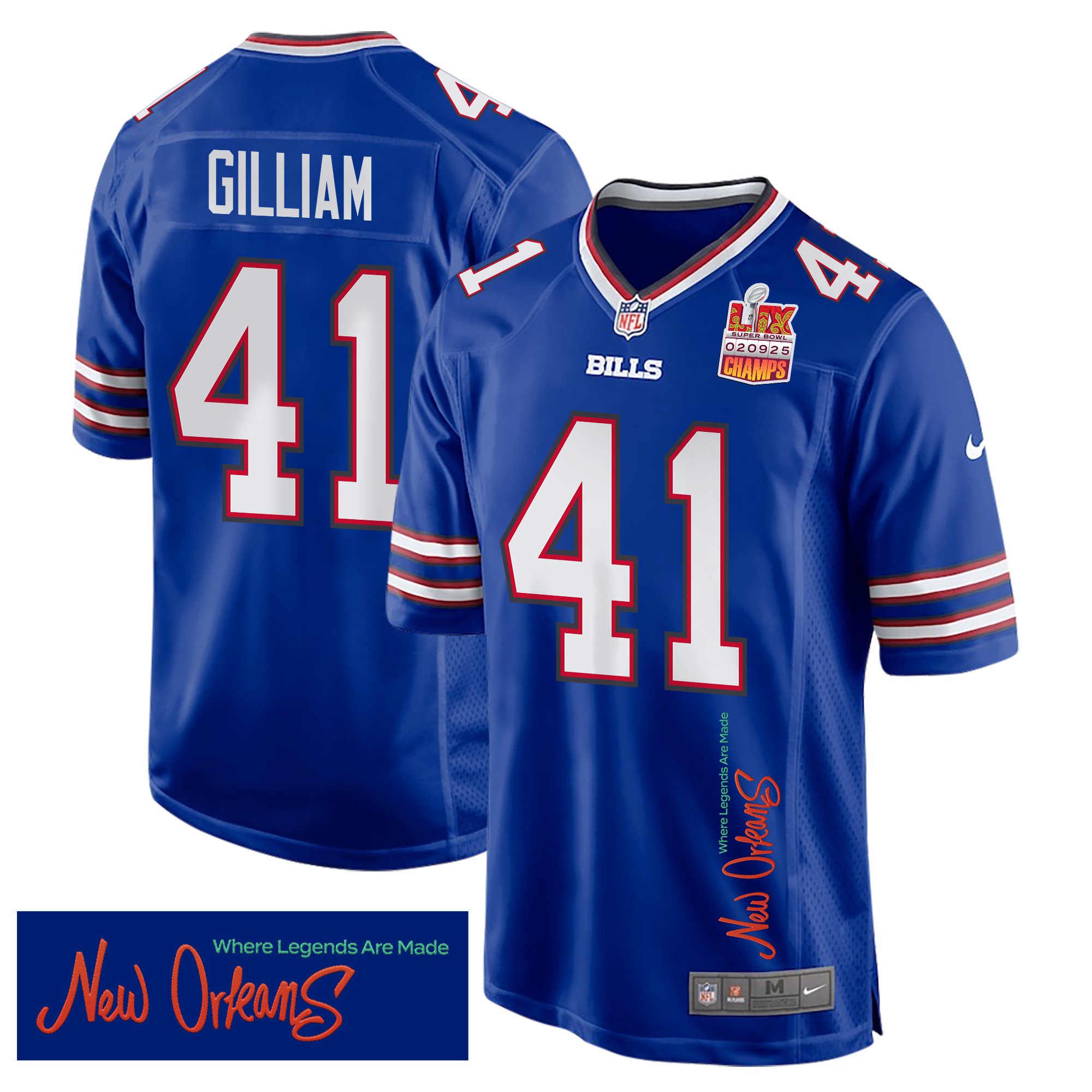 Reggie Gilliam 41 Buffalo Bills Super Bowl Lix Champions Patch 'new Orleans - Where Legends Are Made' Embroidered Game Men Jersey - Royal Js7166