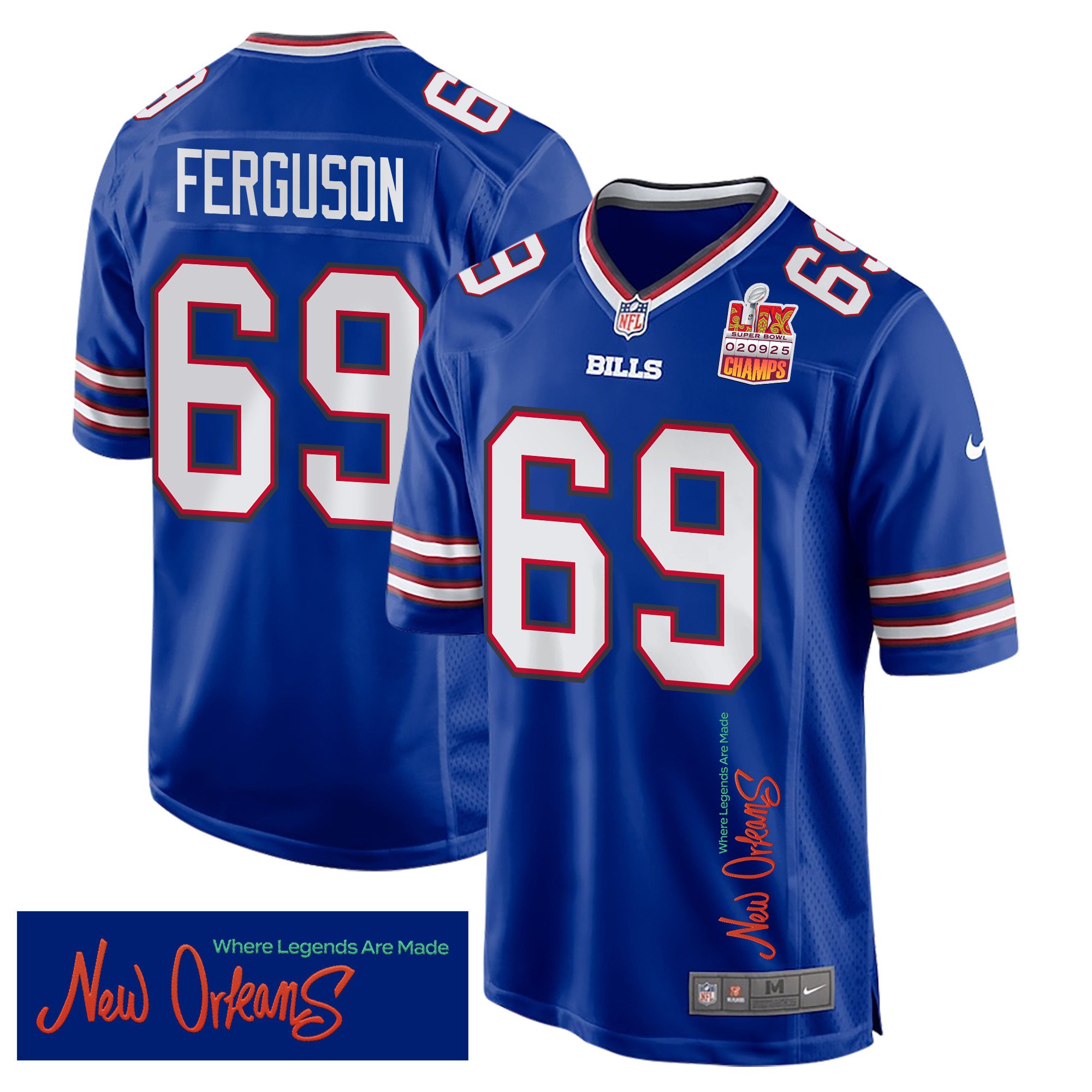 Reid Ferguson 69 Buffalo Bills Super Bowl Lix Champions Patch 'new Orleans - Where Legends Are Made' Embroidered Game Men Jersey - Royal Js3558