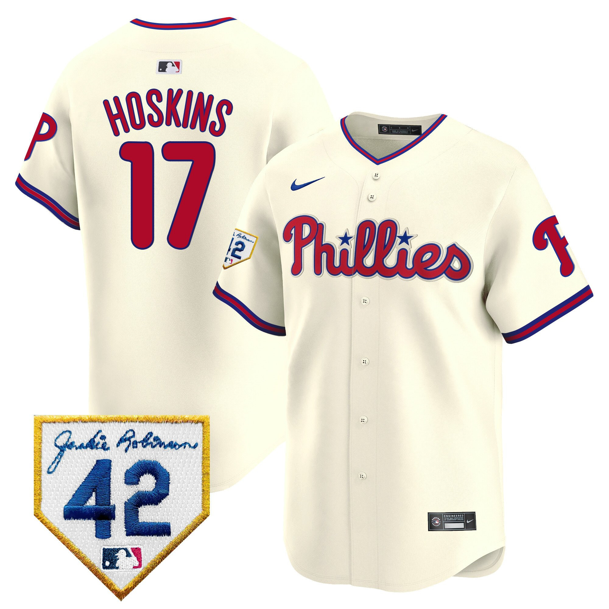 Rhys Hoskins 17 Philadelphia Phillies 2024 Jackie Robinson Patch Men Jersey - Cream
