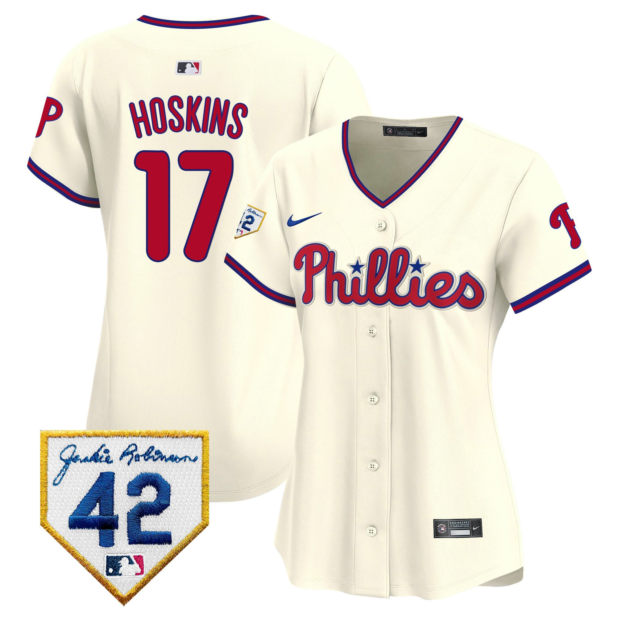 Rhys Hoskins 17 Philadelphia Phillies 2024 Jackie Robinson Patch Women Jersey - Cream